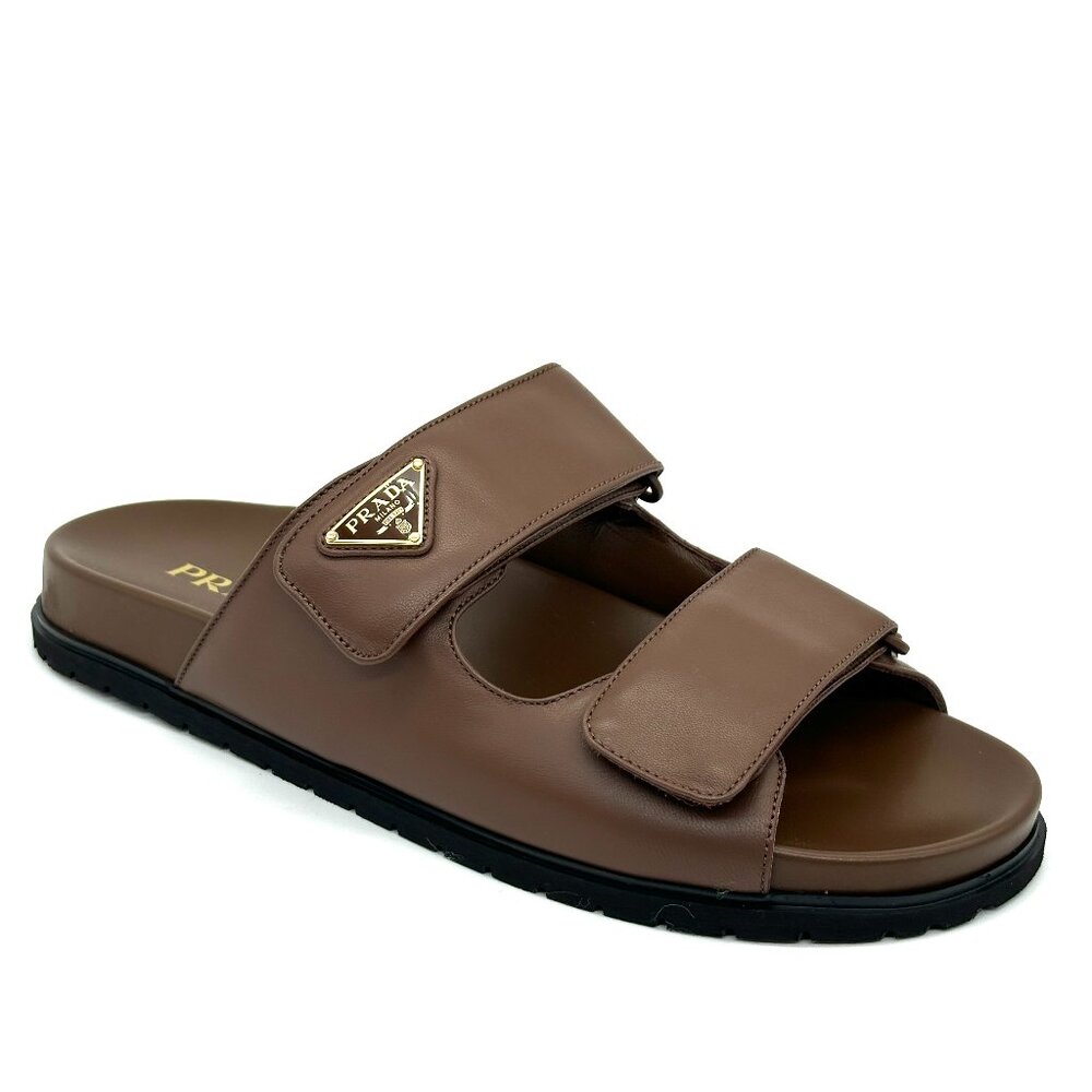 PRADA Triangle Logo Double Band Leather Flat Slide Dad Sandals Shoes Cacao - Picture 10 of 16